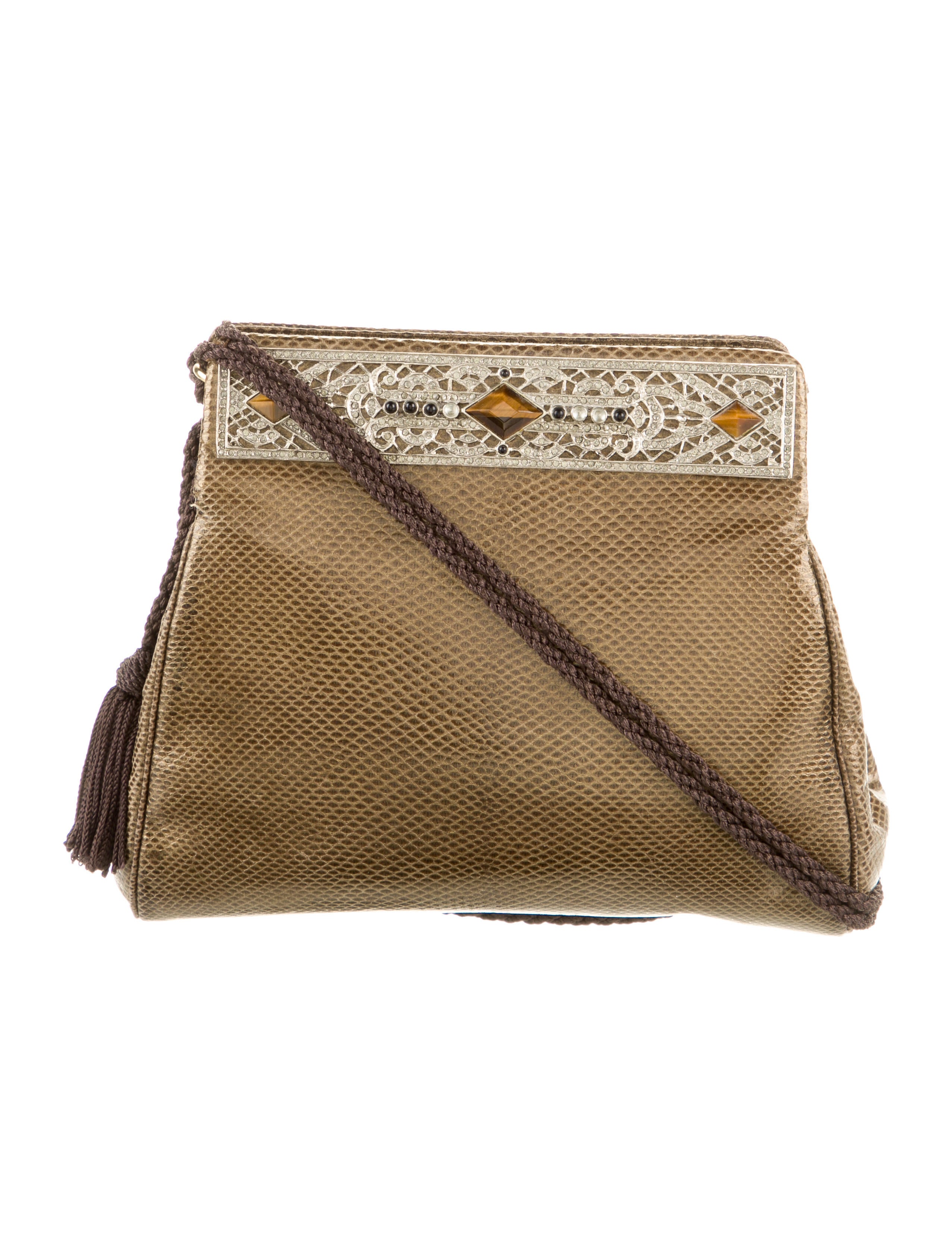 Salvatore Ferragamo Leather Trimmed Logo Evening Bag Brown Evening Bags Handbags SAL303481