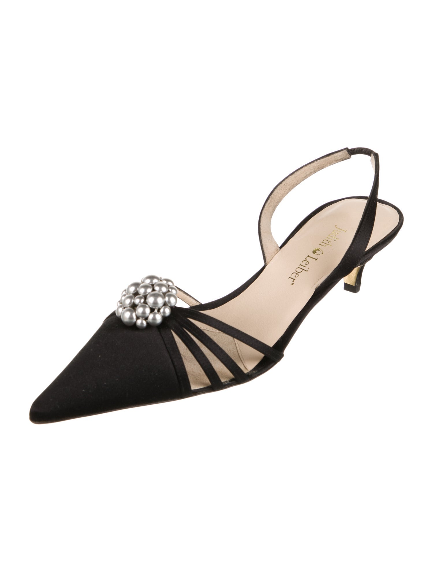 Judith Leiber Faux Pearl Accents Satin Slingback Pumps