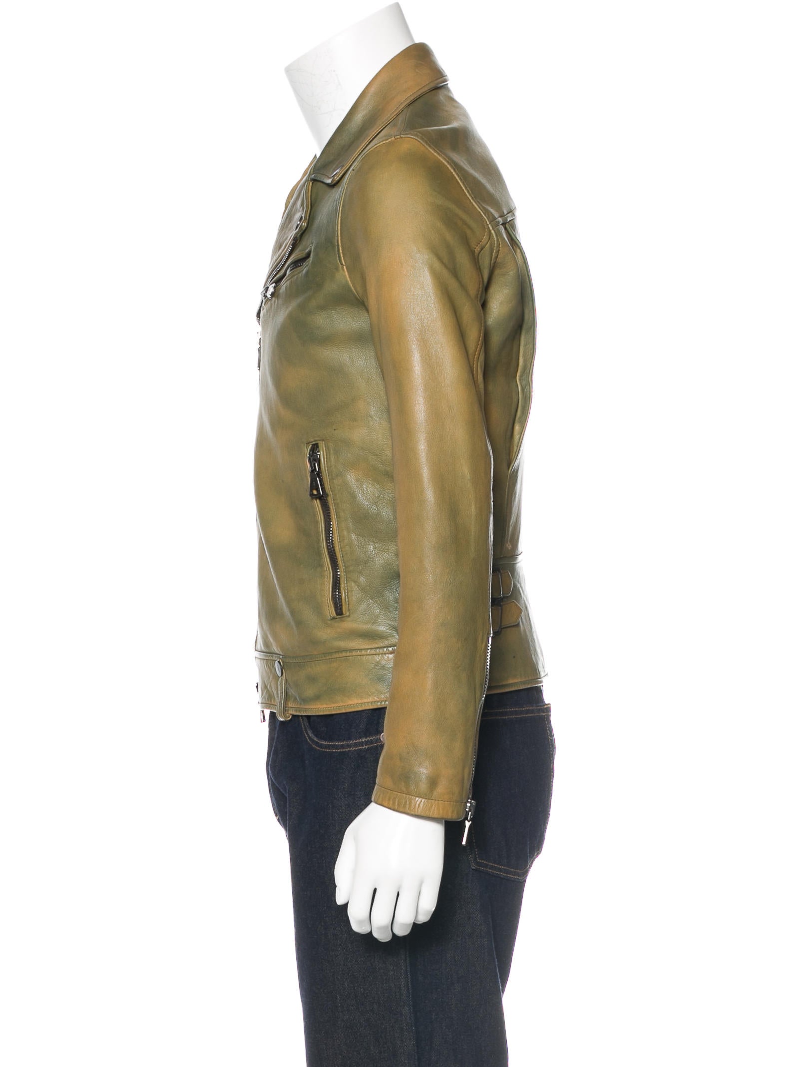 John Varvatos 2016 Acid Wash Leather Jacket Green Outerwear, Clothing