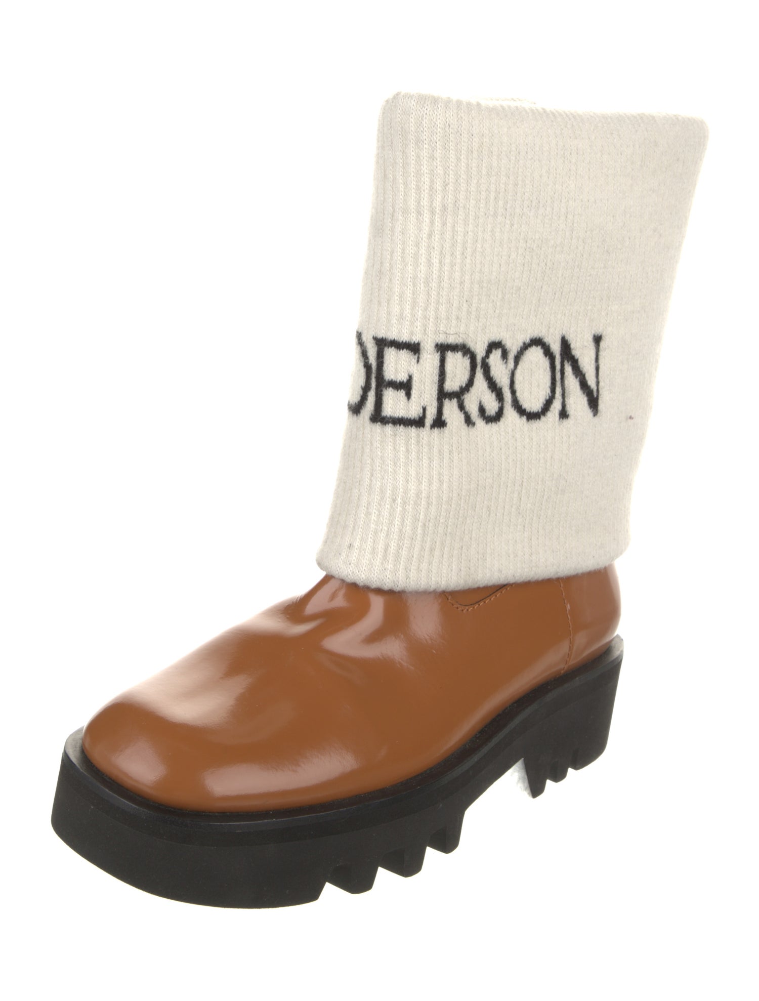 J.W. Anderson Patent Leather Colorblock Pattern Moto Boots