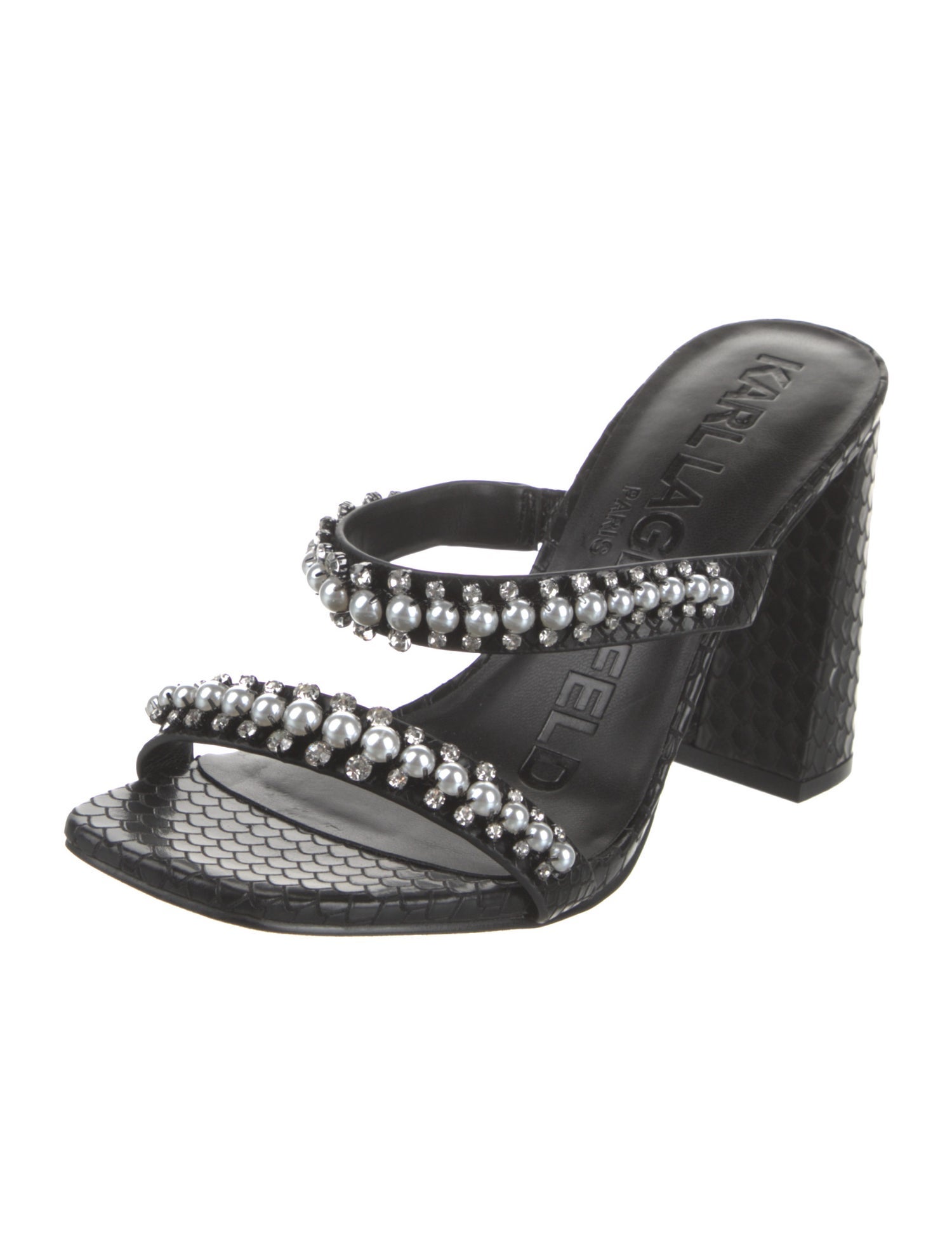 Karl Lagerfeld Leather Crystal Embellishments Slides