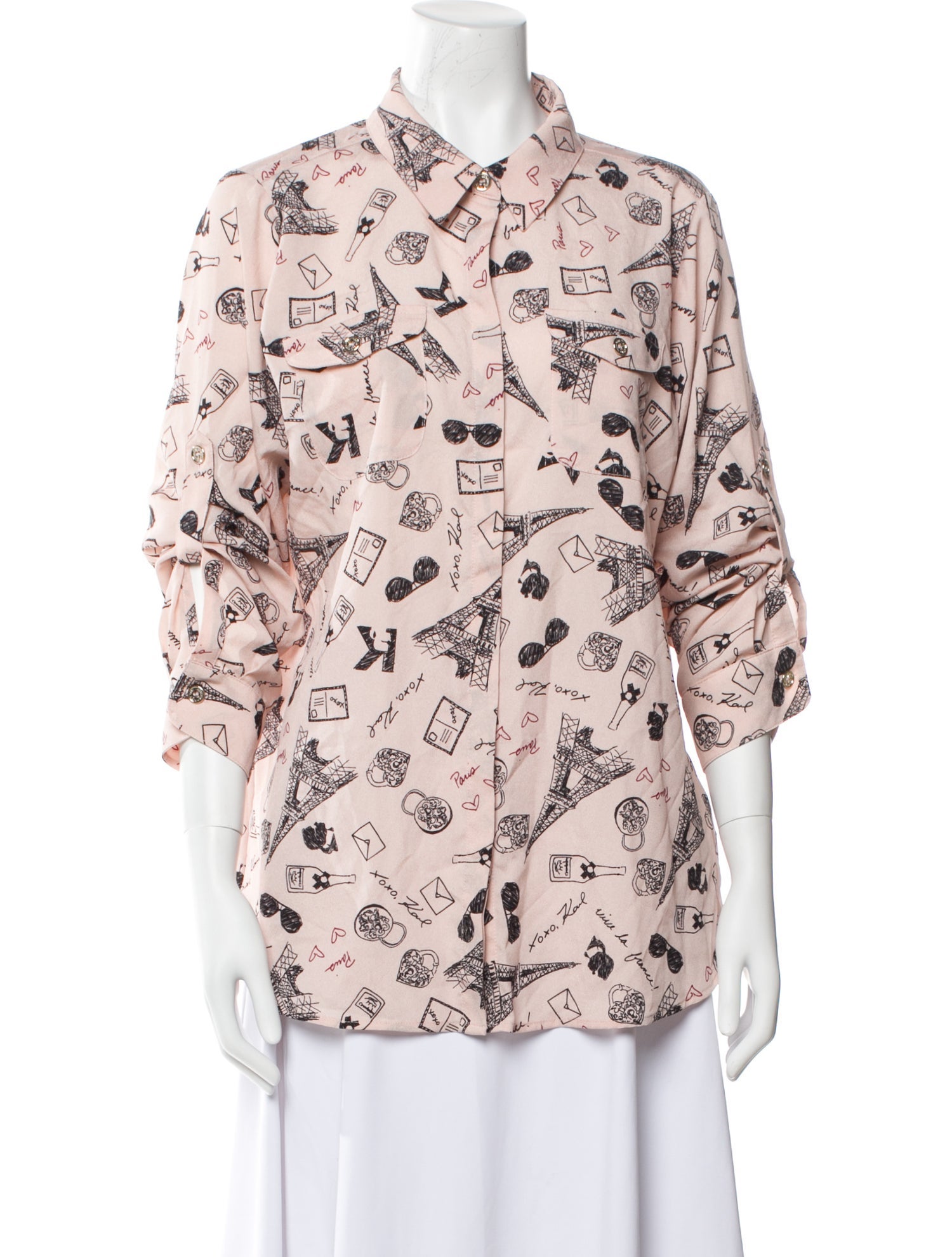 Karl Lagerfeld Printed Three-Quarter Sleeve Button-Up Top