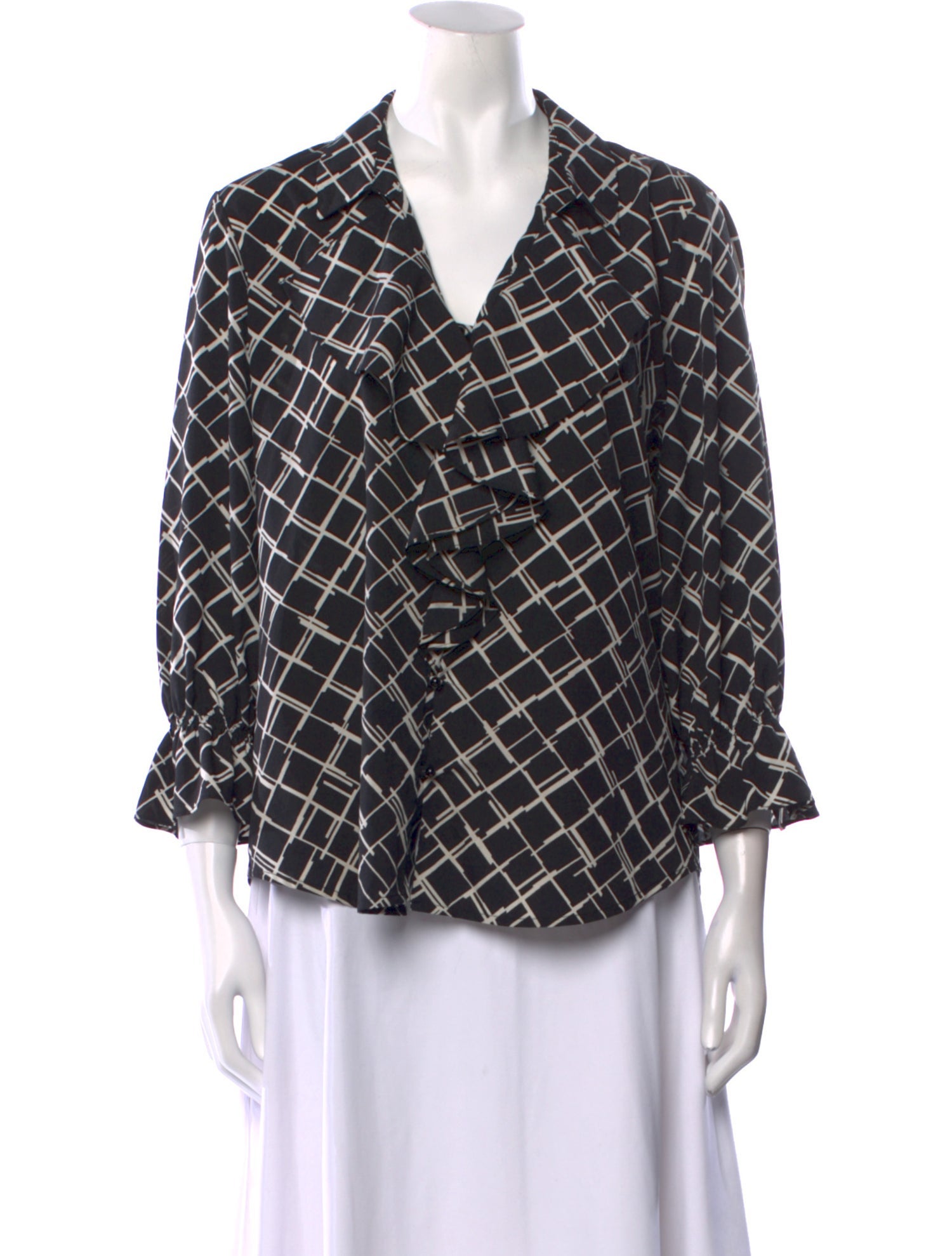 Karl Lagerfeld Plaid Print V-Neck Blouse