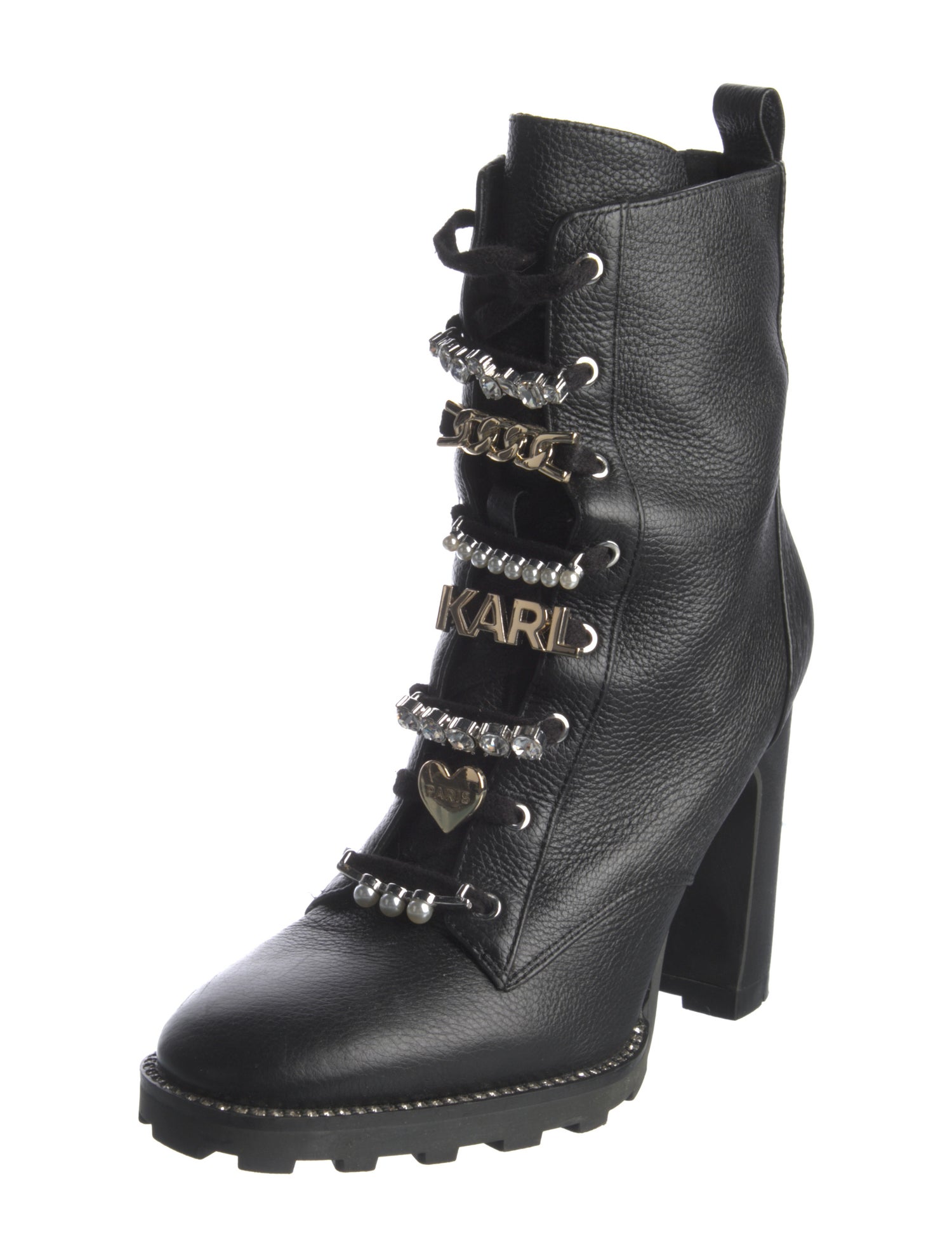 Karl Lagerfeld Leather Crystal Embellishments Lace-Up Boots