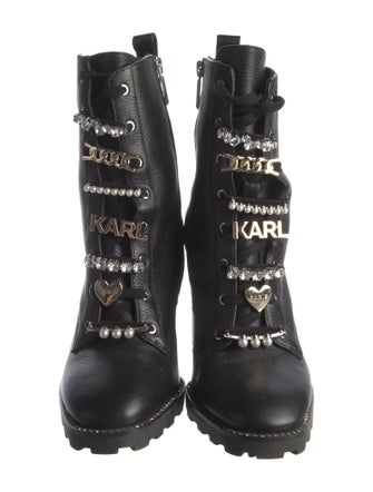Karl Lagerfeld Leather Crystal Embellishments Lace-Up Boots