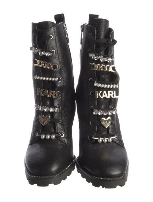 Karl Lagerfeld Leather Crystal Embellishments Lace-Up Boots