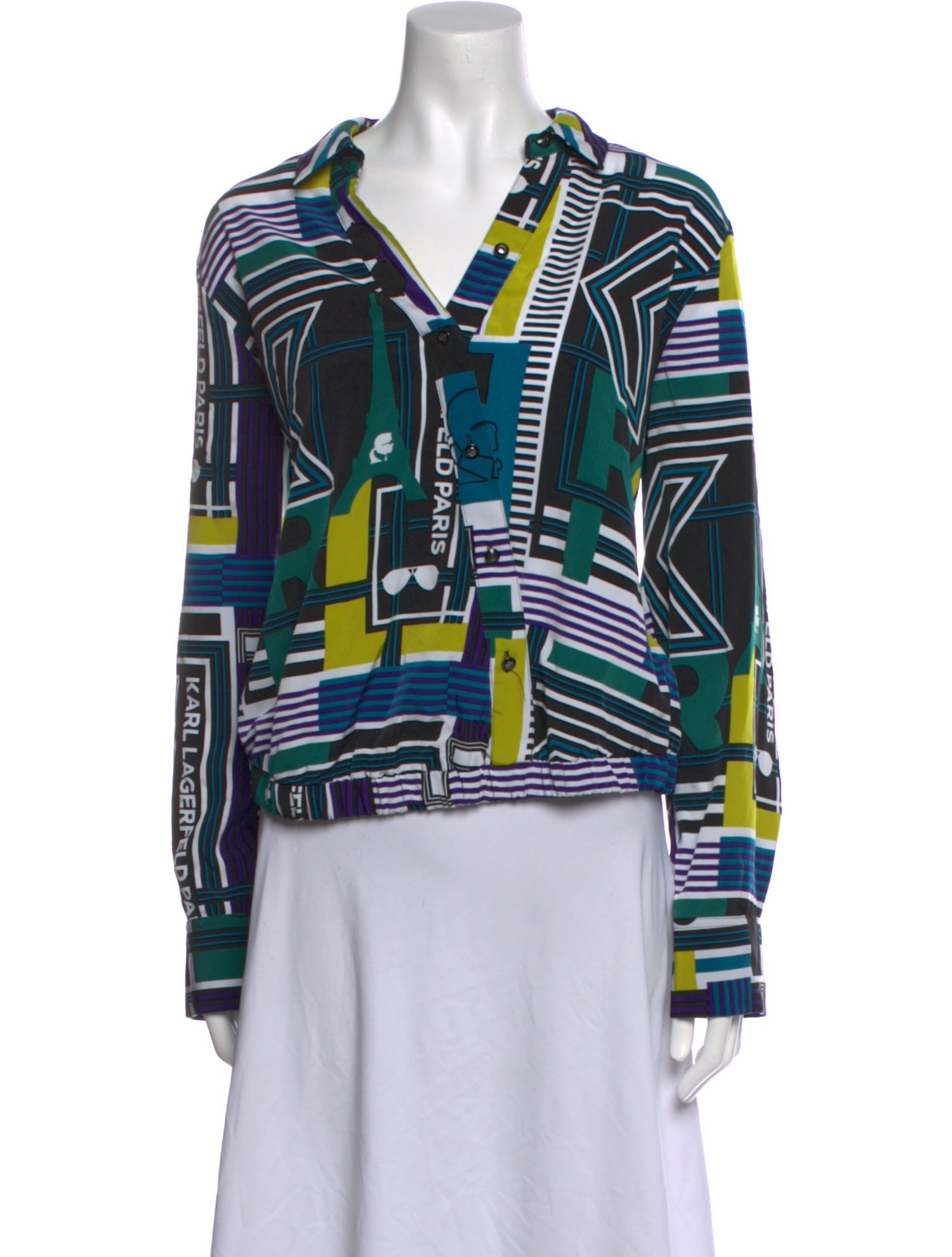 Karl Lagerfeld Printed V-Neck Button-Up Top