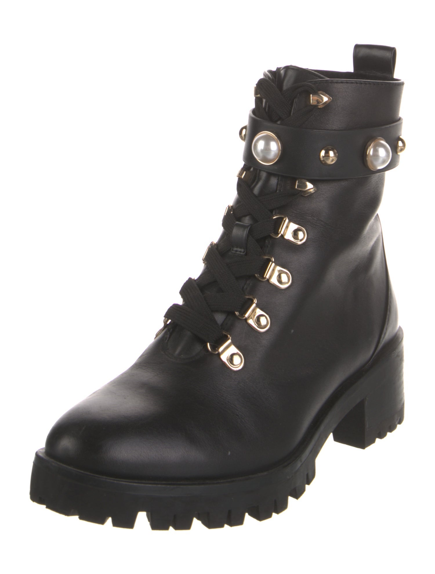 Karl Lagerfeld Faux Pearl Accents Leather Combat Boots