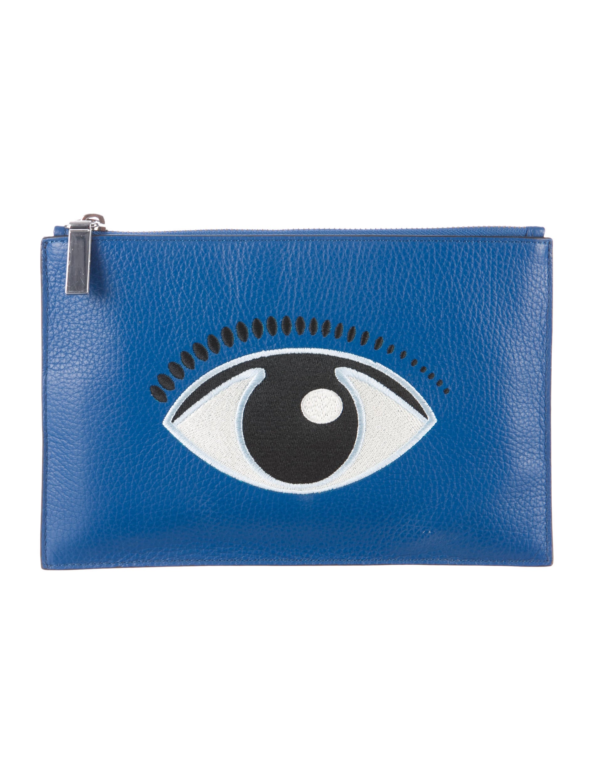 Kenzo Eye Embroidered Leather Pouch Blue Clutches, Handbags