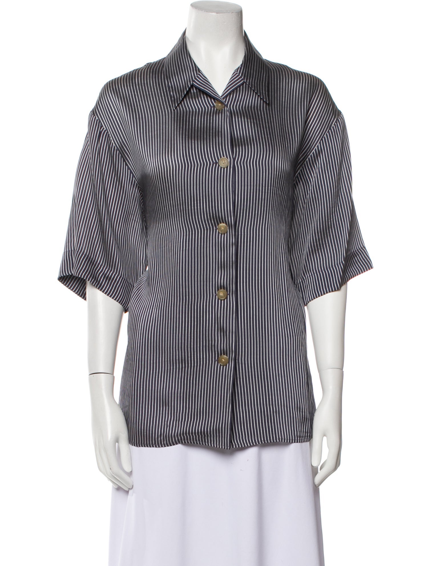 Khaite Striped Short Sleeve Button-Up Top