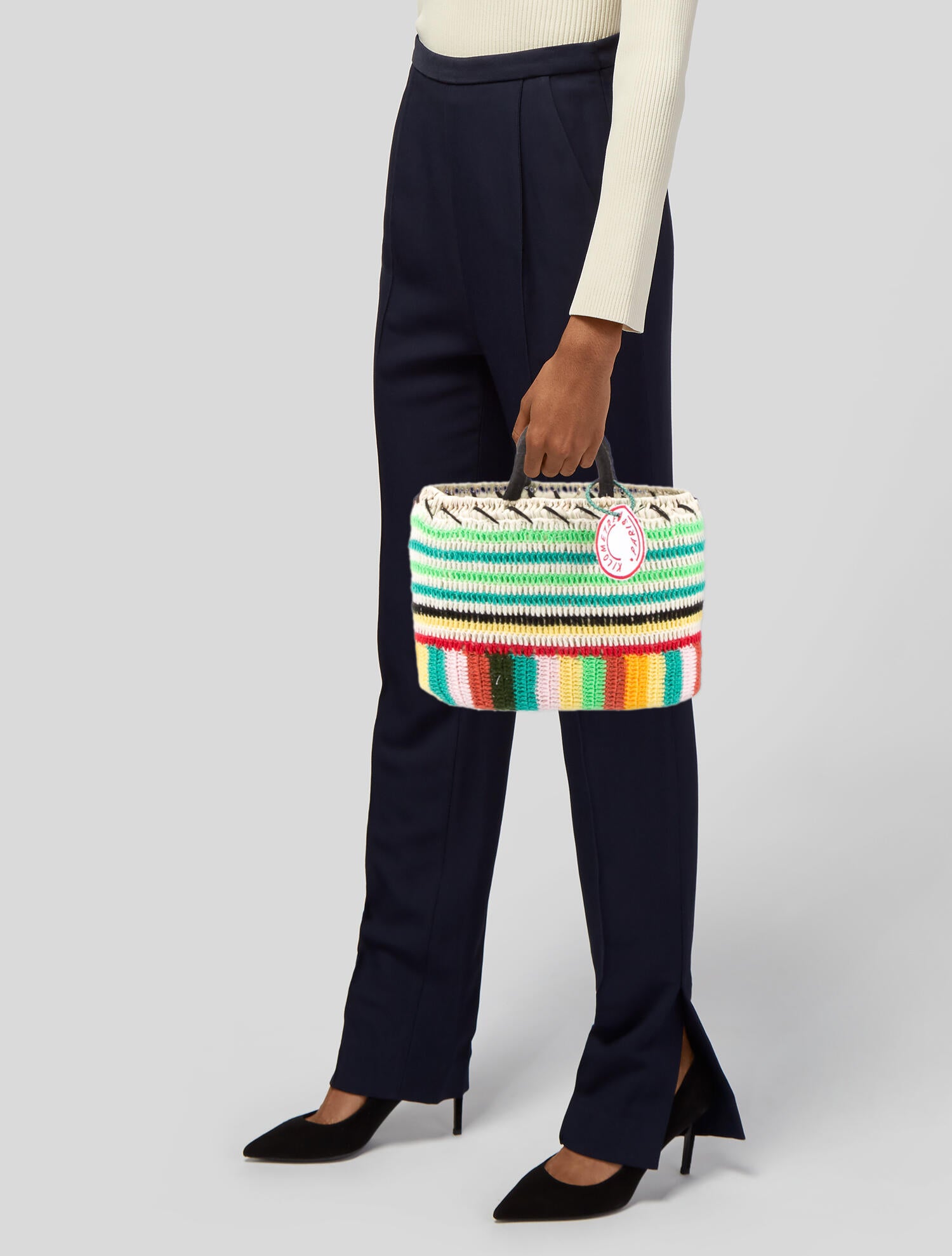 Kilometre Paris Crocheted-Overlay Palm Basket - Green Handle Bags