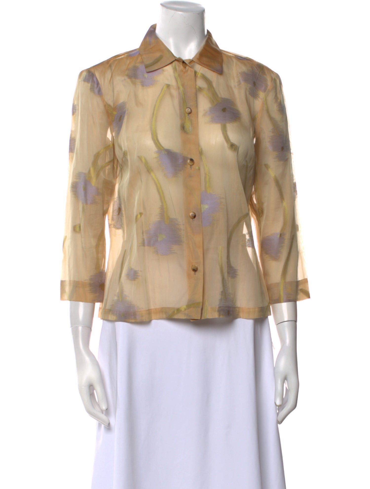 Kiton Printed Three-Quarter Sleeve Button-Up Top