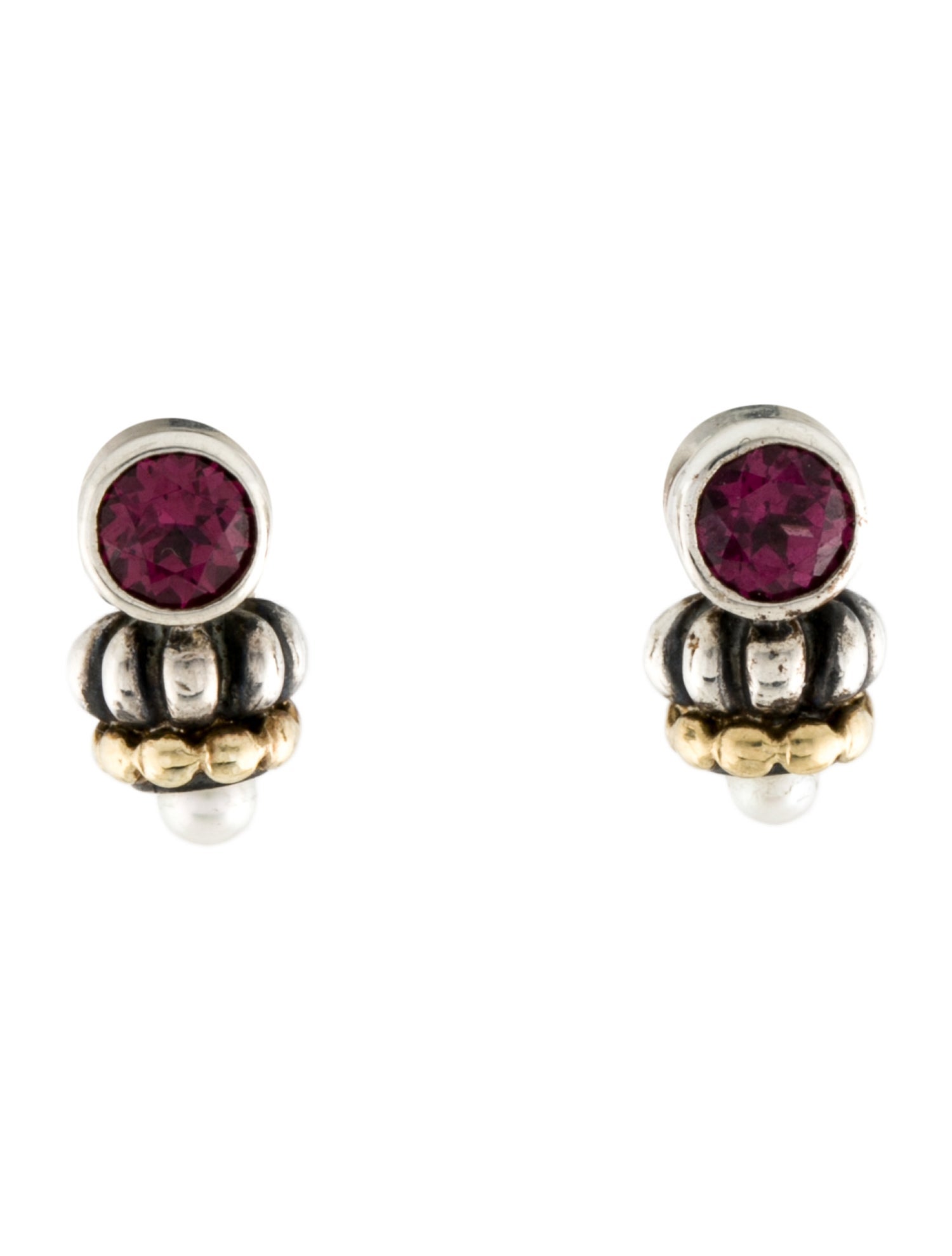 Lagos Two-Tone Rhodolite & Pearl Caviar Stud Earrings