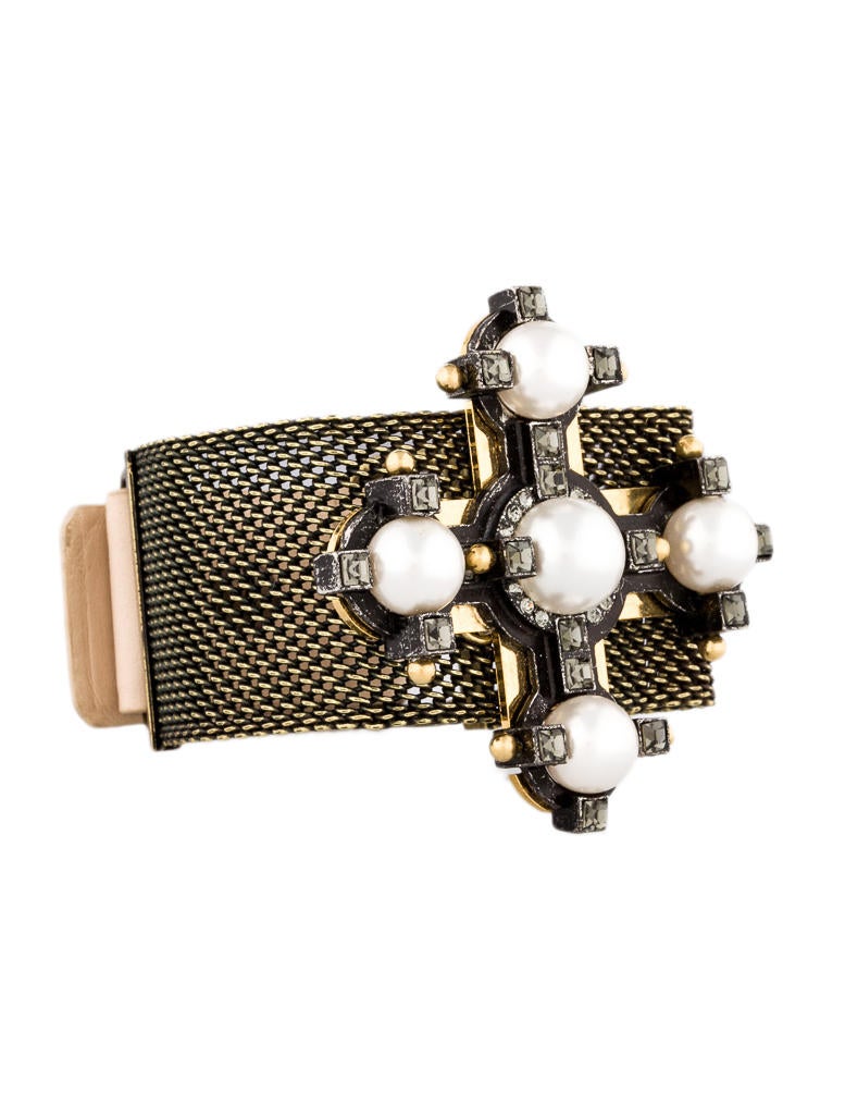 Lanvin White Glass Pearl and Swarovski Crystal Cross Bracelet