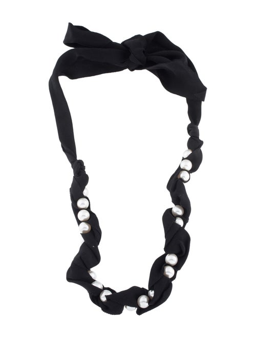 Lanvin Faux Pearl & Grosgrain Collar Necklace Silv