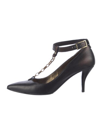 Lanvin Leather Chain-Link Accents T-Strap Pumps