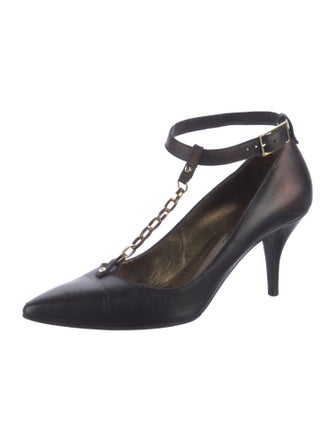 Lanvin Leather Chain-Link Accents T-Strap Pumps