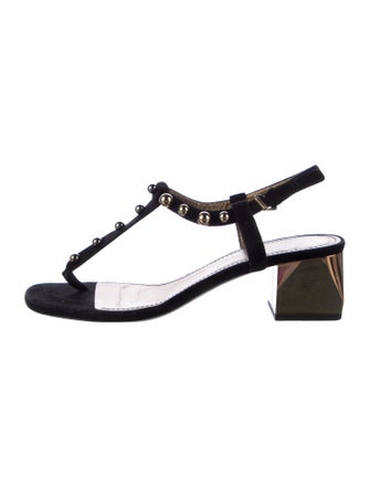 Lanvin Suede Studded Accents T-Strap Sandals