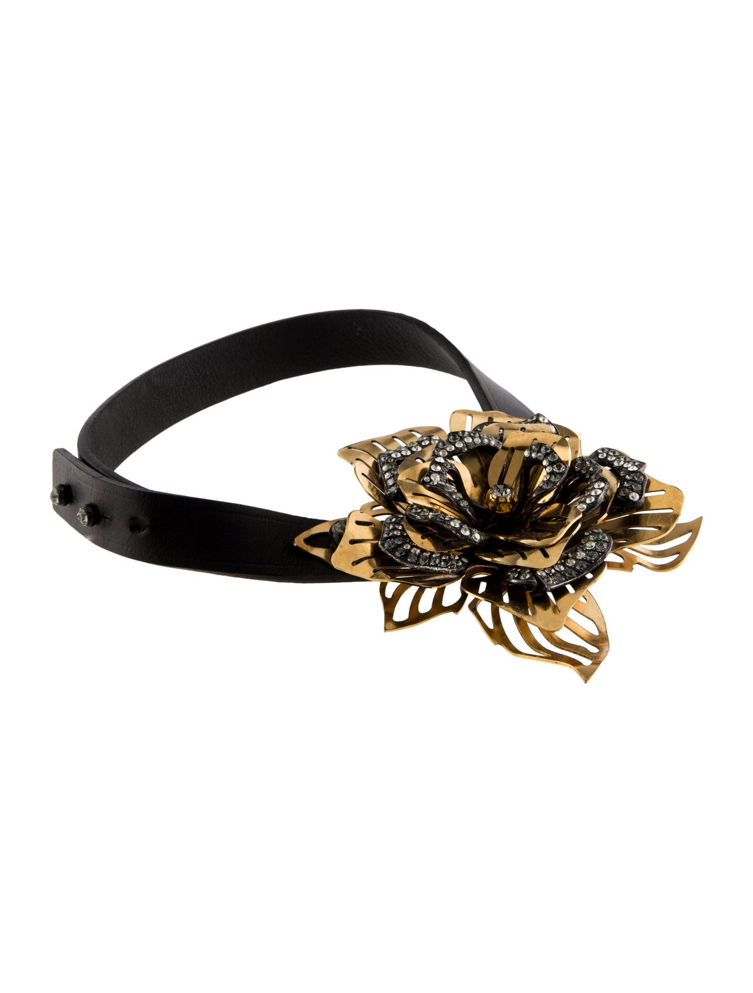 Lanvin Leather & Crystal Flower Choker Necklace