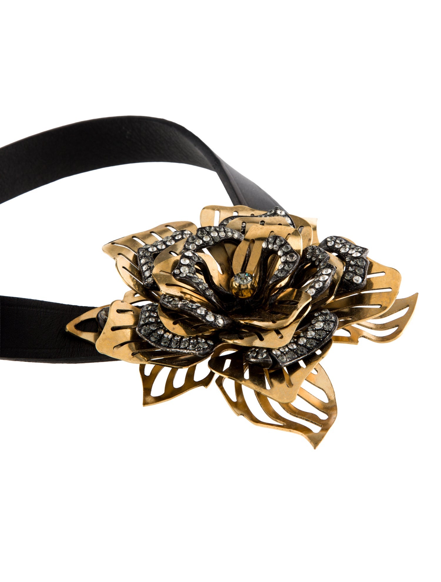 Lanvin Leather & Crystal Flower Choker Necklace