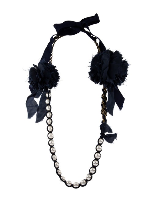 Lanvin Faux Pearl & Fabric Ribbon Tie Collar Necklace