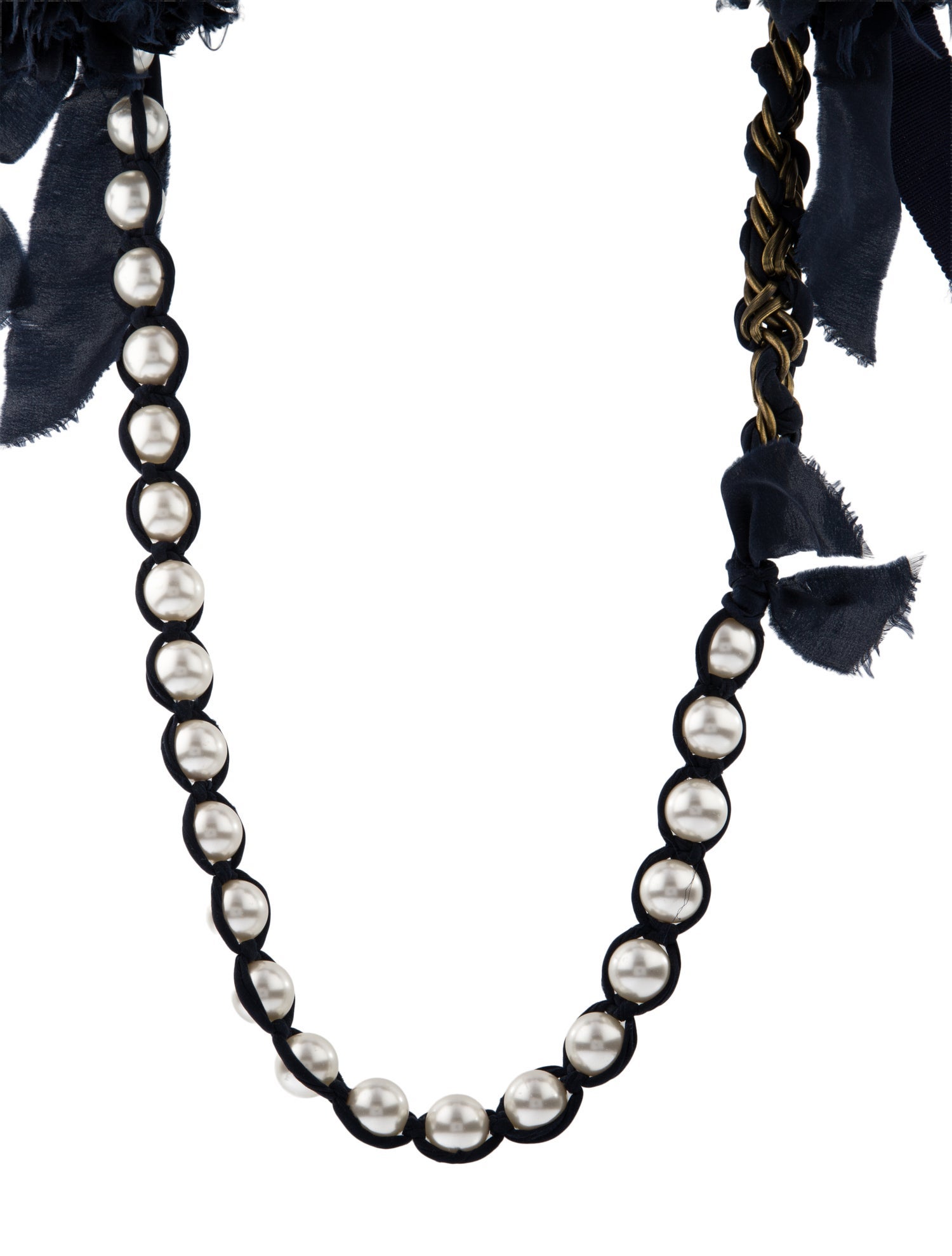 Lanvin Faux Pearl & Fabric Ribbon Tie Collar Necklace