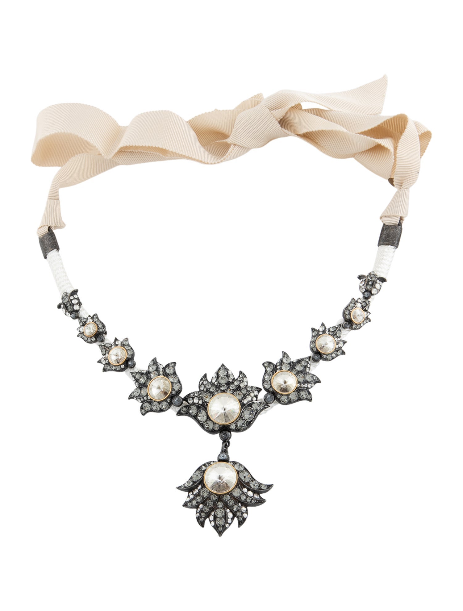 Lanvin Crystal & Ribbon Flower Collar Necklace