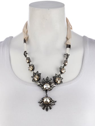 Lanvin Crystal & Ribbon Flower Collar Necklace