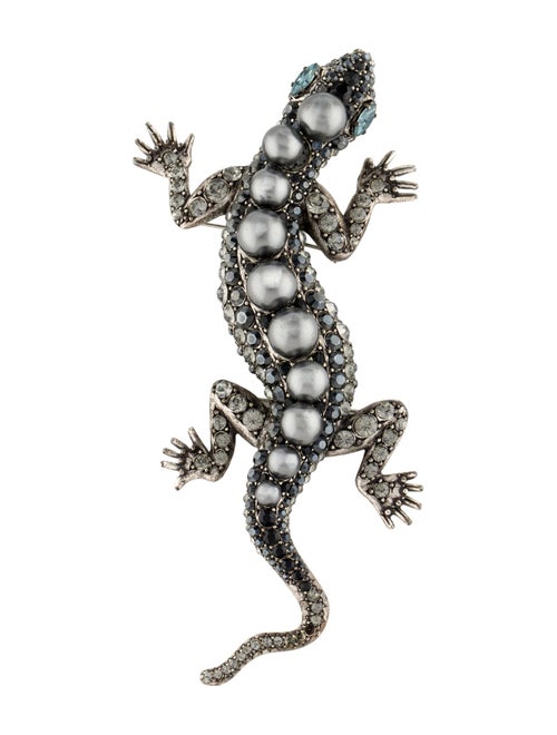 Lanvin Faux Pearl & Crystal Lizard Double Pin Brooch
