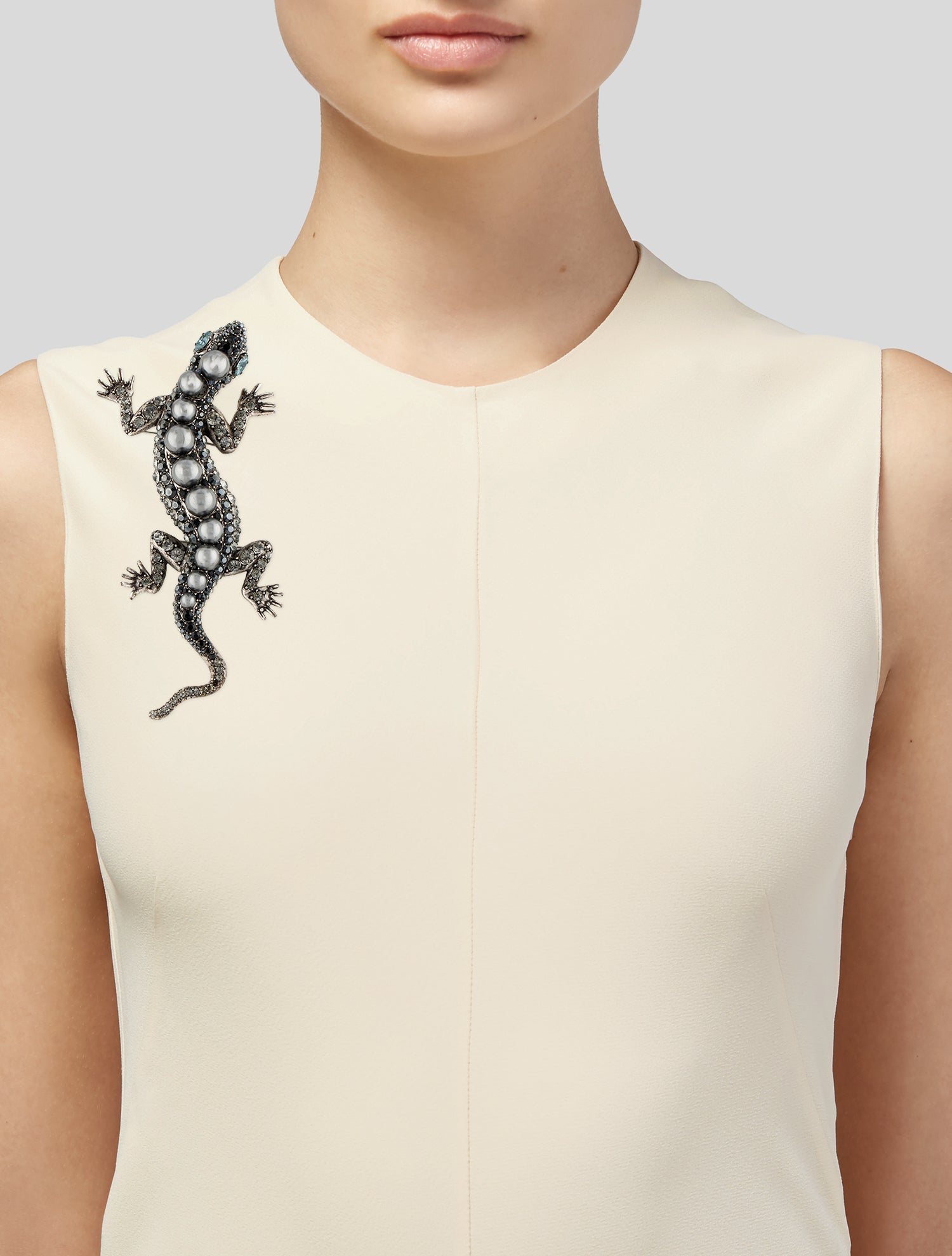 Lanvin Faux Pearl & Crystal Lizard Double Pin Brooch