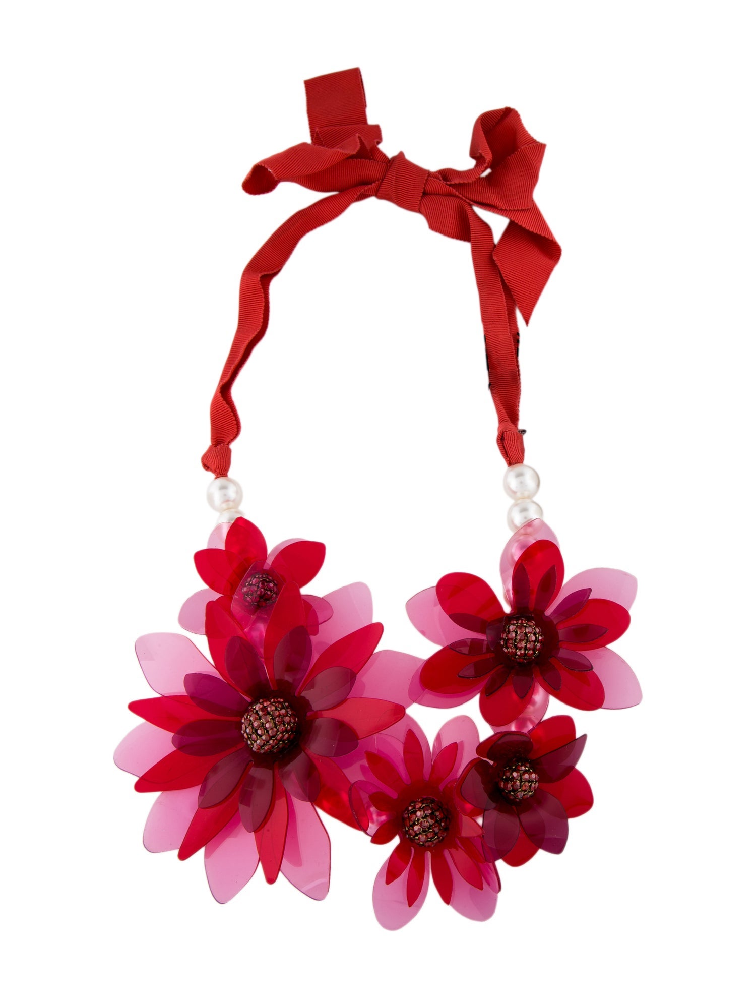 Lanvin Faux Pearl & Plastic Flower Ribbon Necklace