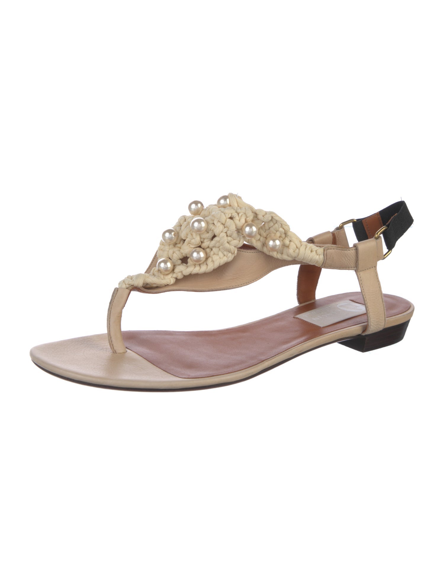 Lanvin Faux Pearl Accents Leather T-Strap Sandals
