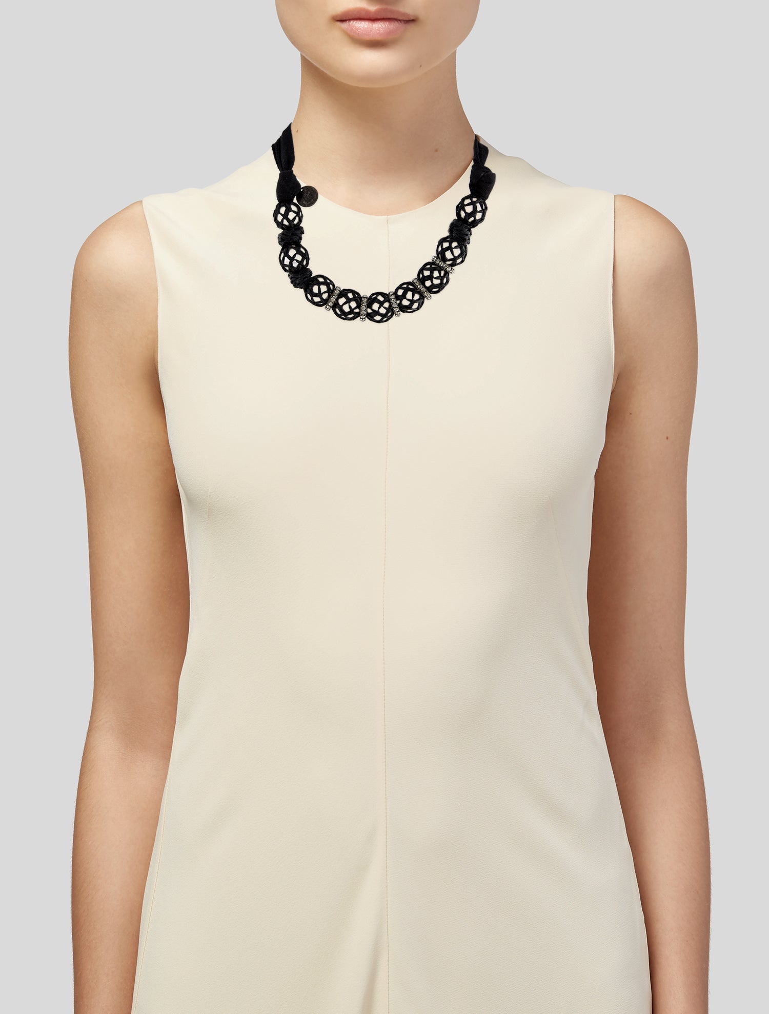 Lanvin Faux Pearl Crystal Raffia-Wrapped Bead Collar Necklace