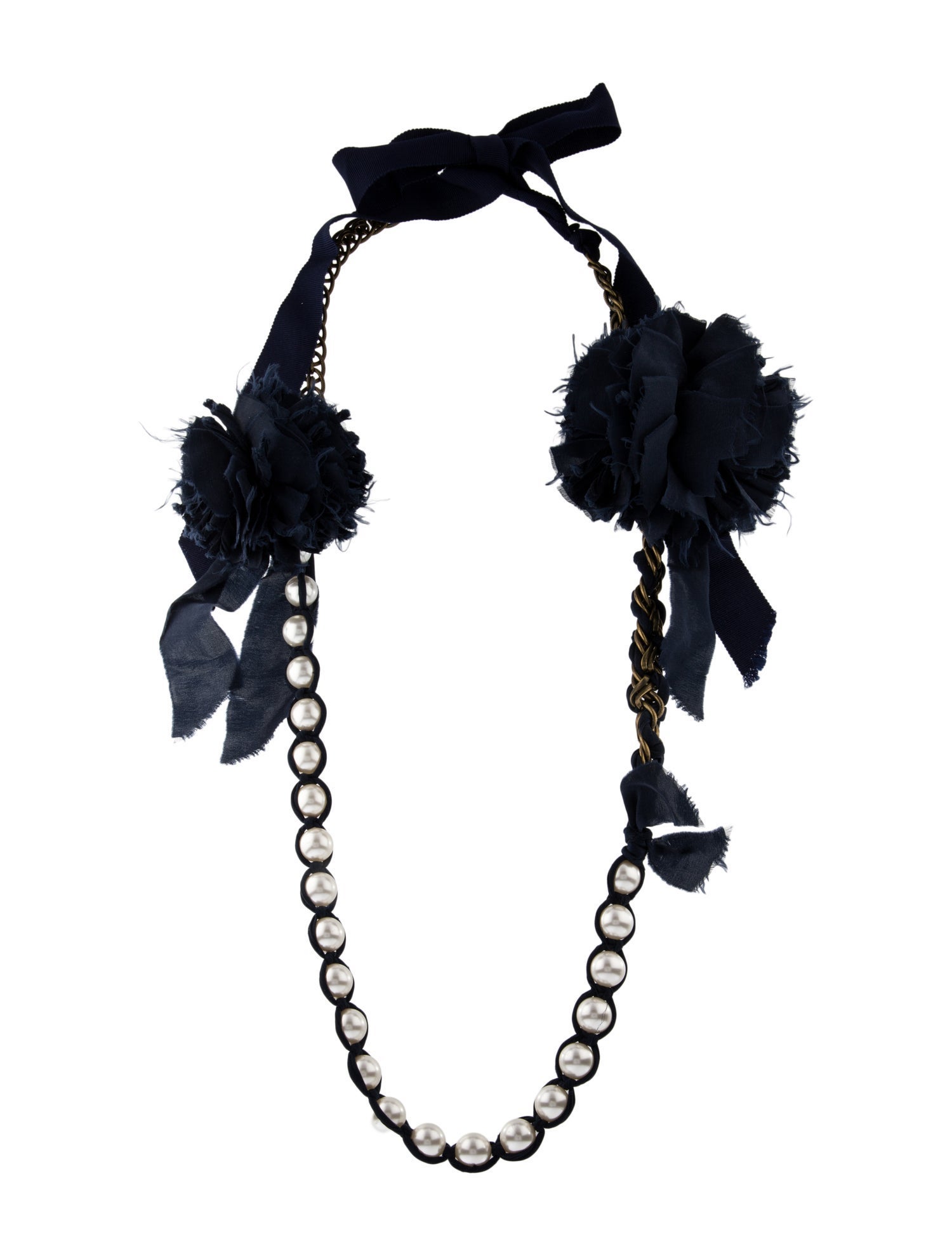 Lanvin Faux Pearl & Fabric Ribbon Tie Collar Necklace