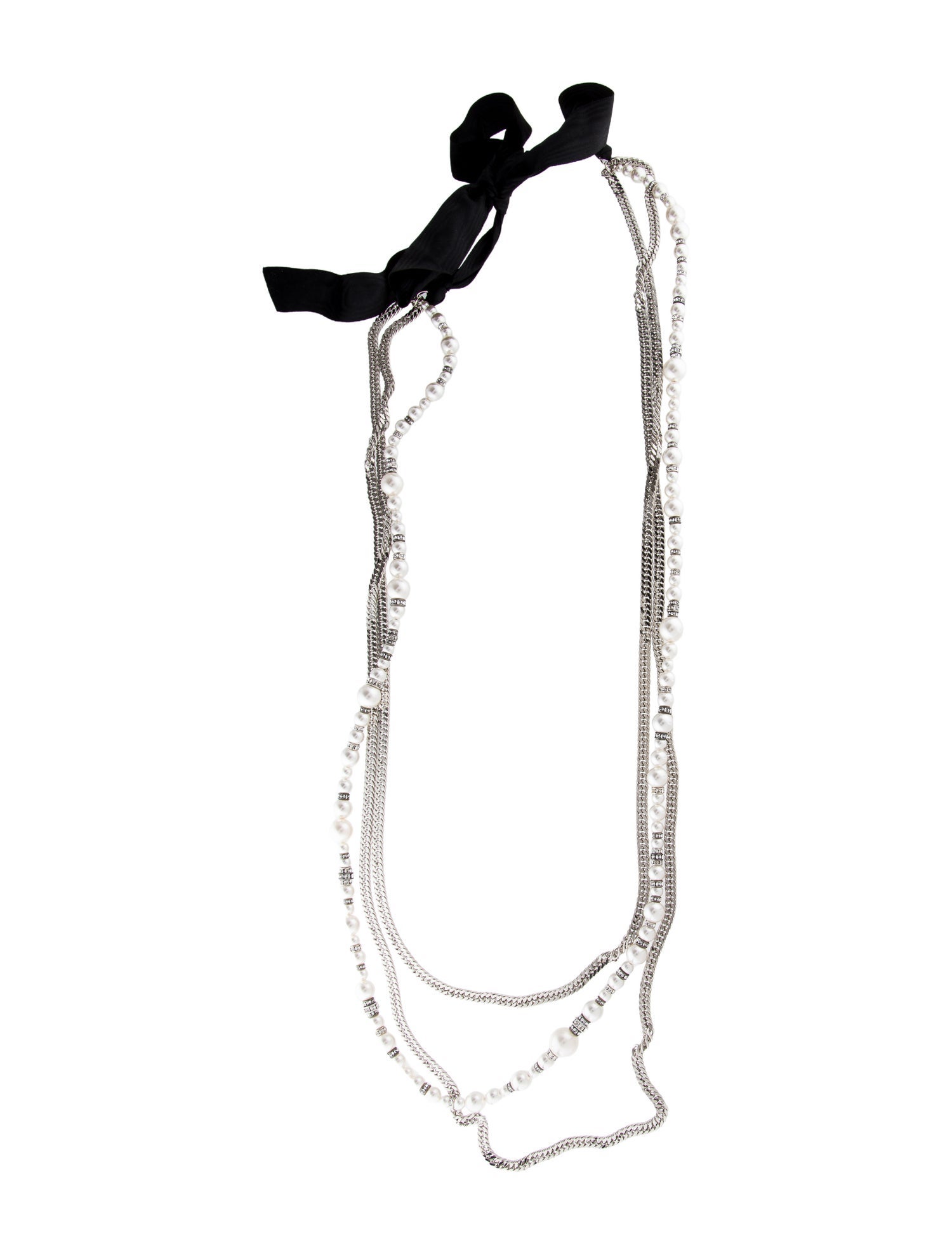 Lanvin Faux Pearl, Ribbon & Crystal Multistrand Collar Necklace
