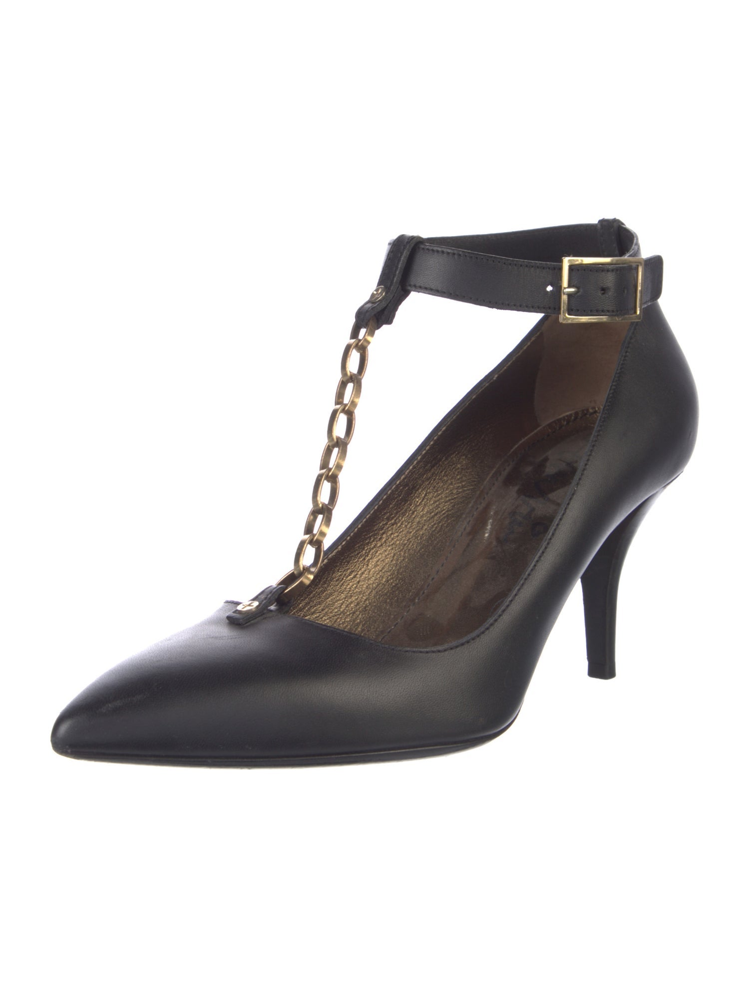 Lanvin Leather Chain-Link Accents T-Strap Pumps