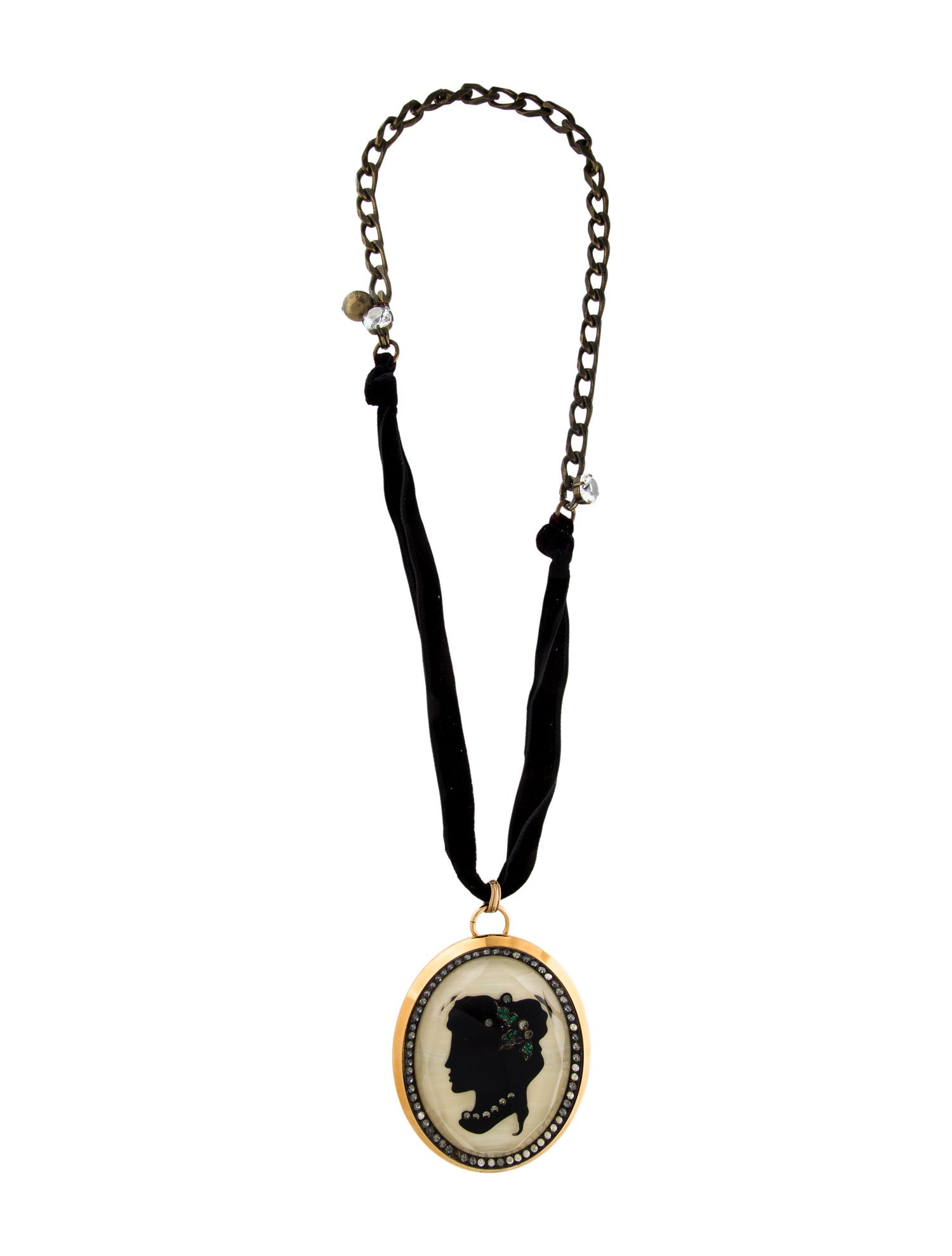 Lanvin Crystal, Resin & Velvet Cameo Brooch Pendant Necklace
