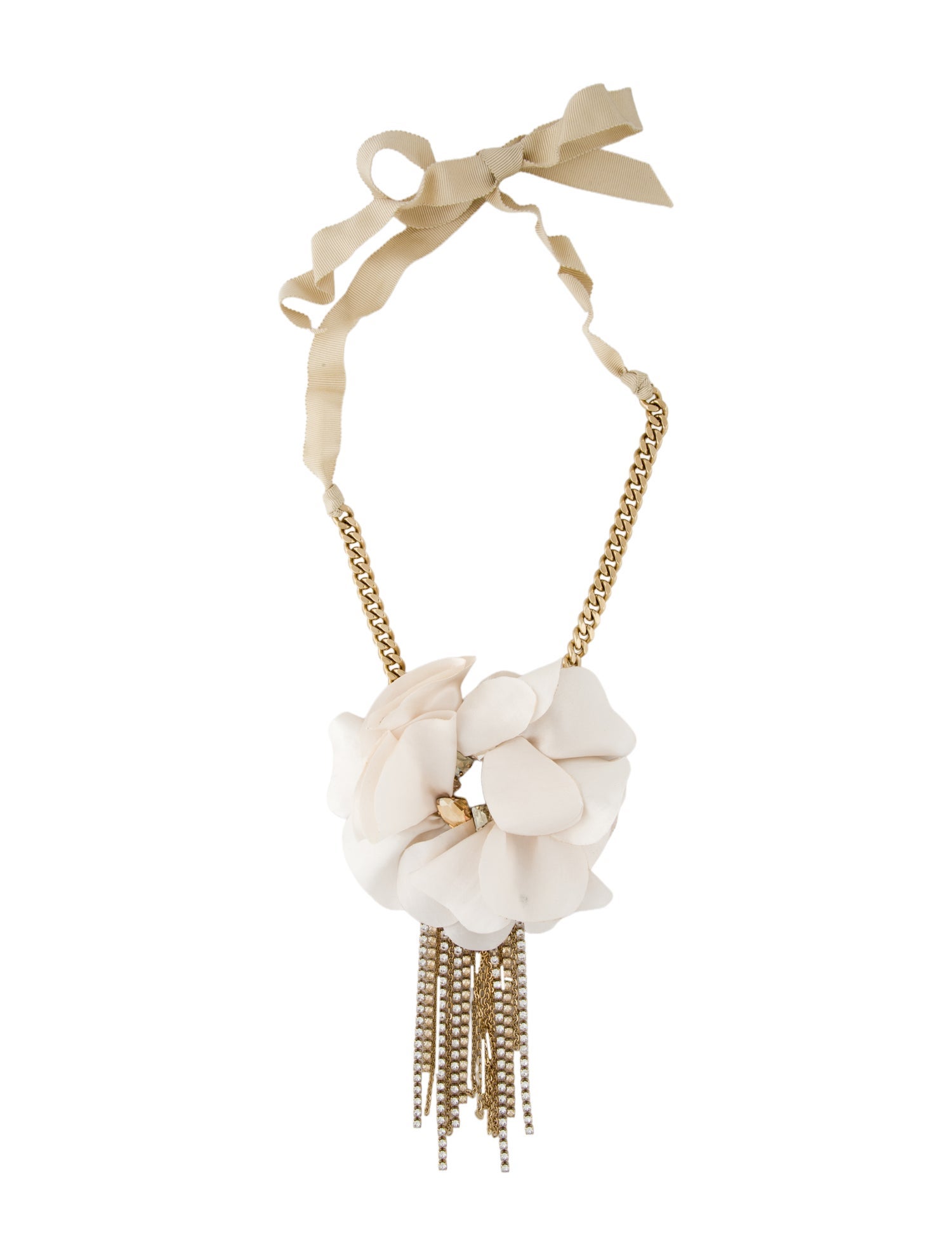 Lanvin Crystal Silk Ribbon Flower Pendant Necklace