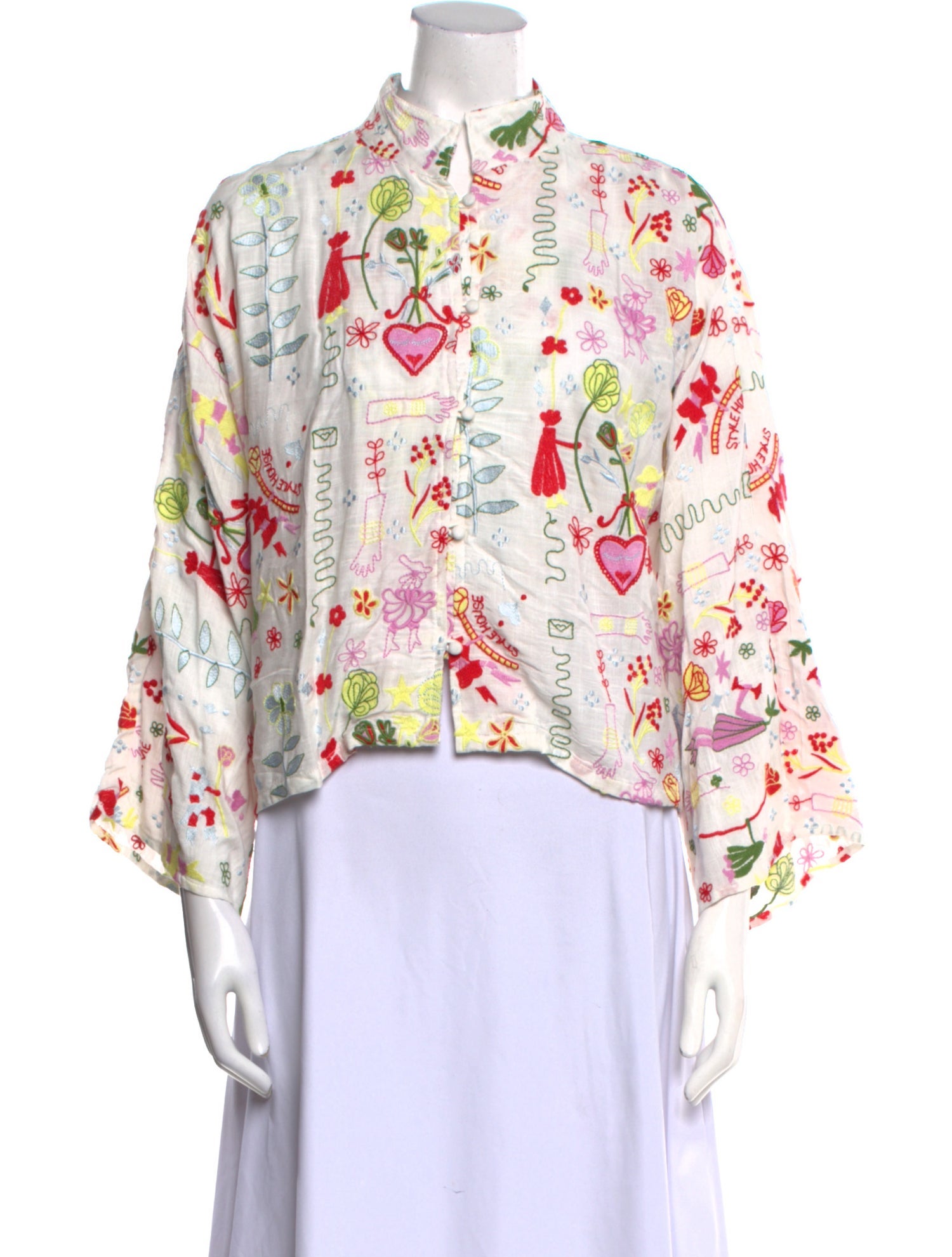 La Vie Style House Floral Print Mock Neck Button-Up Top
