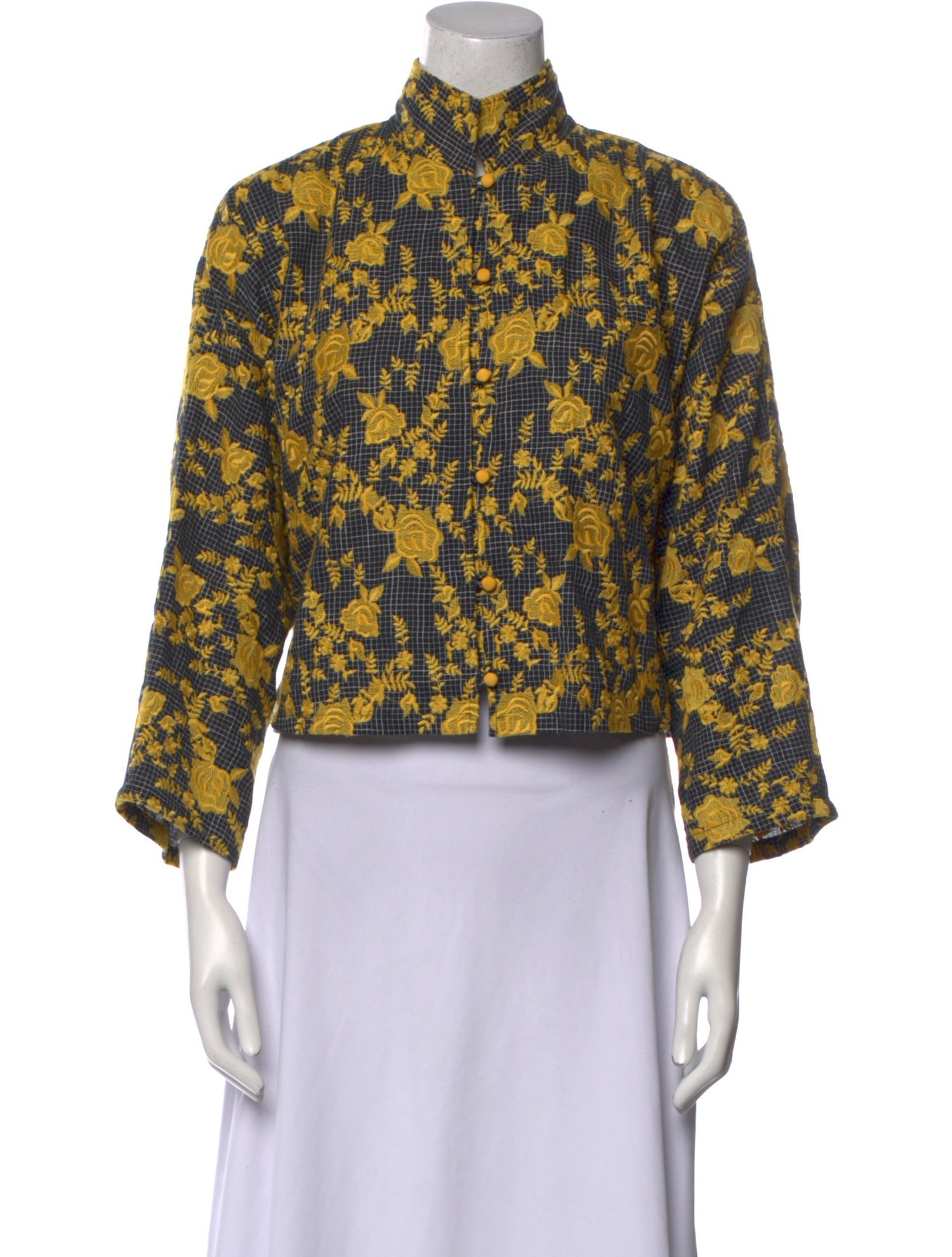 La Vie Style House Floral Print Mock Neck Button-Up Top