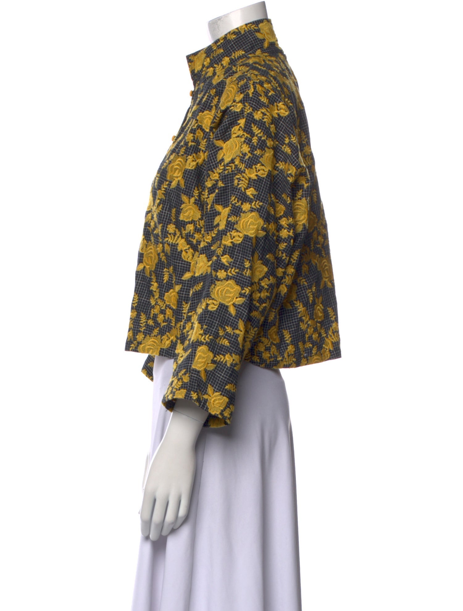 La Vie Style House Floral Print Mock Neck Button-Up Top