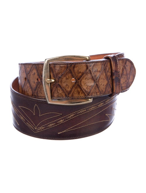 Lucchese Snakeskin-Trimmed Leather Belt brown