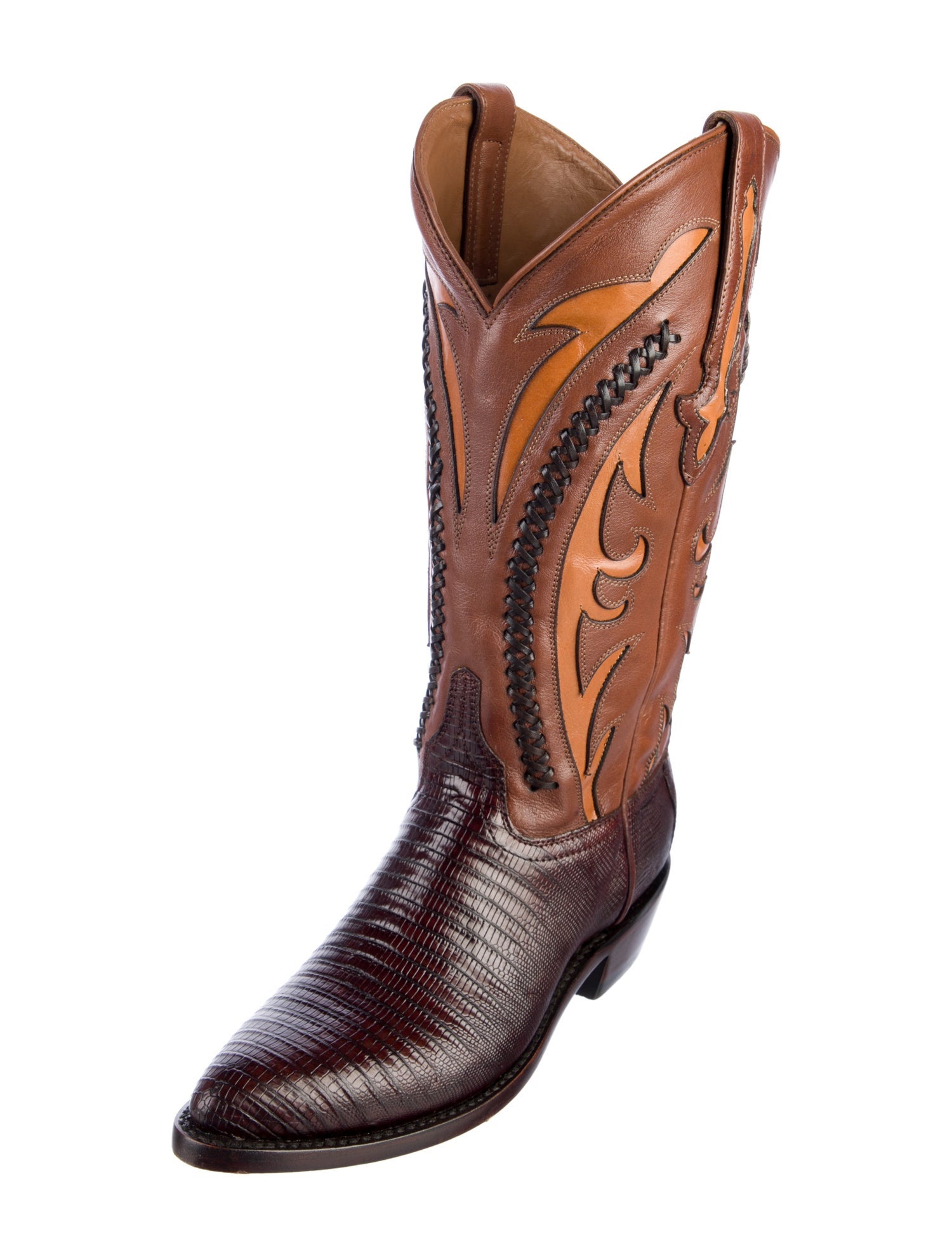 Lucchese Leather Colorblock Pattern Western Boots