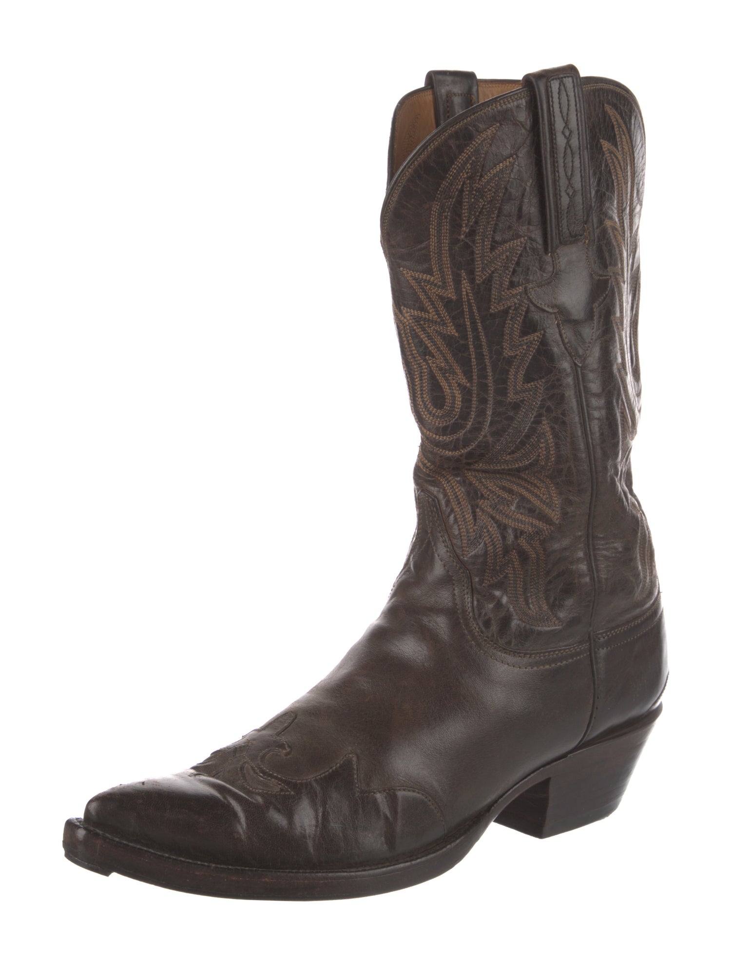 Lucchese Leather Embroidered Accent Western Boots