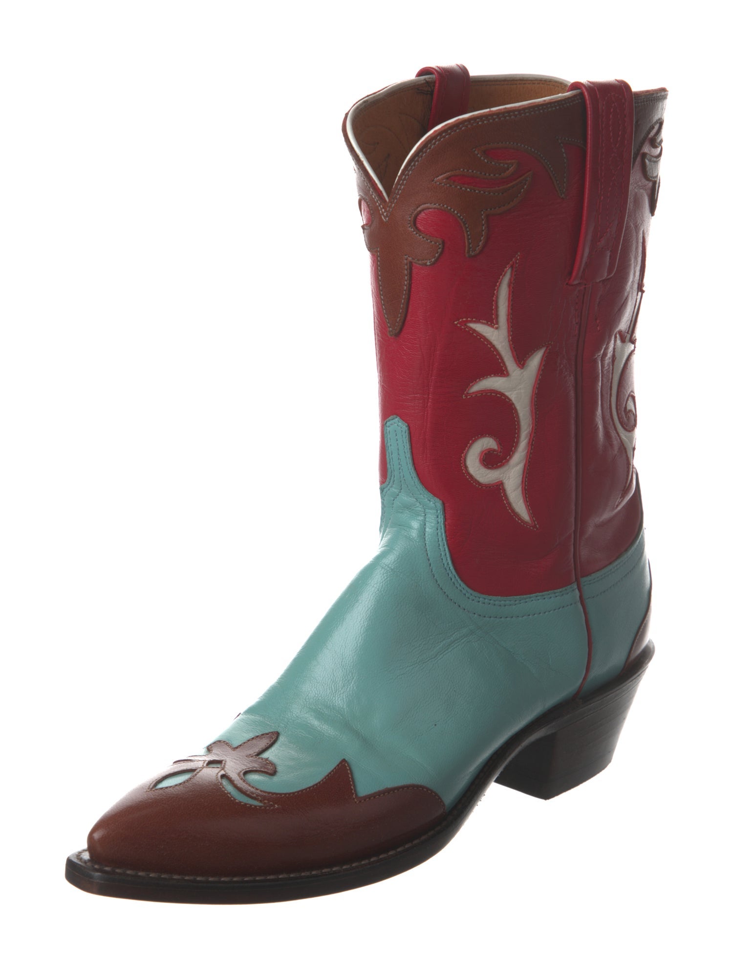 Lucchese Leather Colorblock Pattern Western Boots