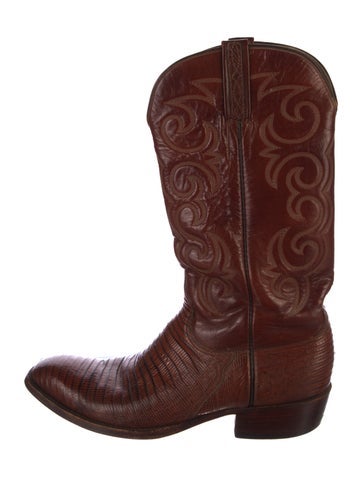 Pre-owned Lucchese Leather Embroidered Accent Western Boots In Brown