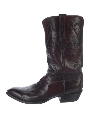 Pre-owned Lucchese Leather Embroidered Accent Western Boots In Black