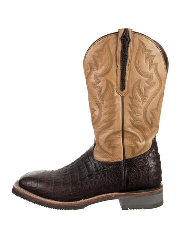 Pre-owned Lucchese Leather Animal Print Western Boots In Brown