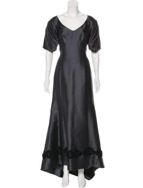 Lela Rose Feather-Trimmed Silk Gown Blue