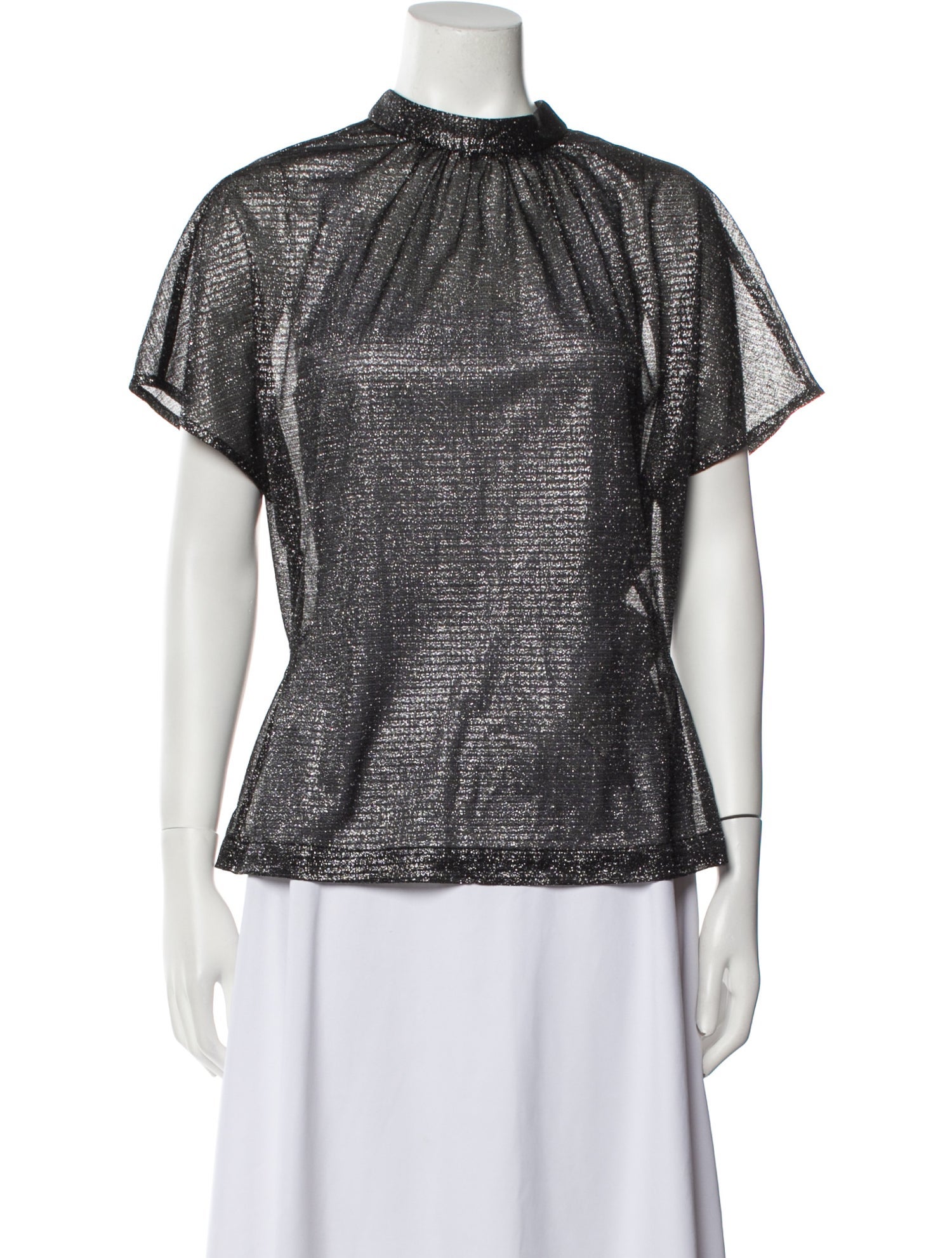 Lela Rose Mock Neck Short Sleeve Blouse